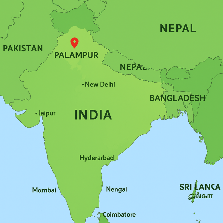 Map of India showing Palampur marked with a red location pin