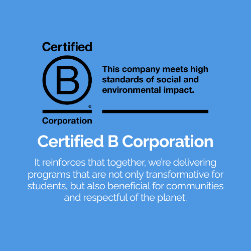 Certified B Corporation badge on blue background with statement about social and environmental impact