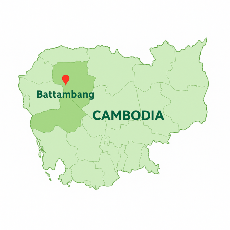 Map of Cambodia highlighting Battambang with a red location pin