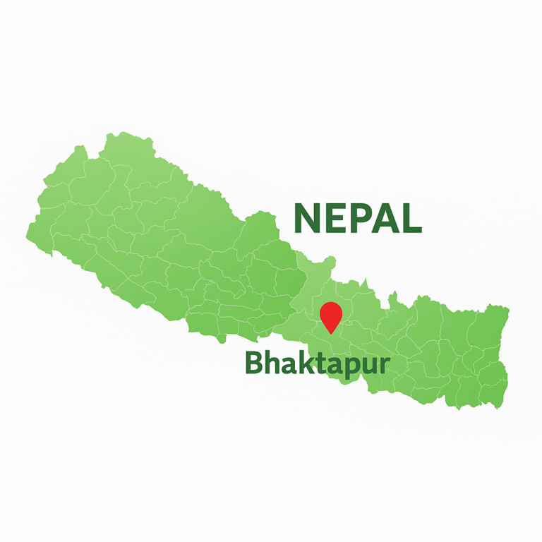 Map of Nepal highlighting Bhaktapur with a red location pin