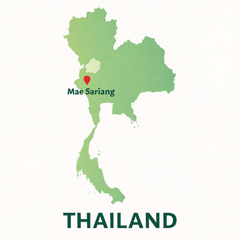 Map of Thailand showing Mae Sariang marked with a red location pin